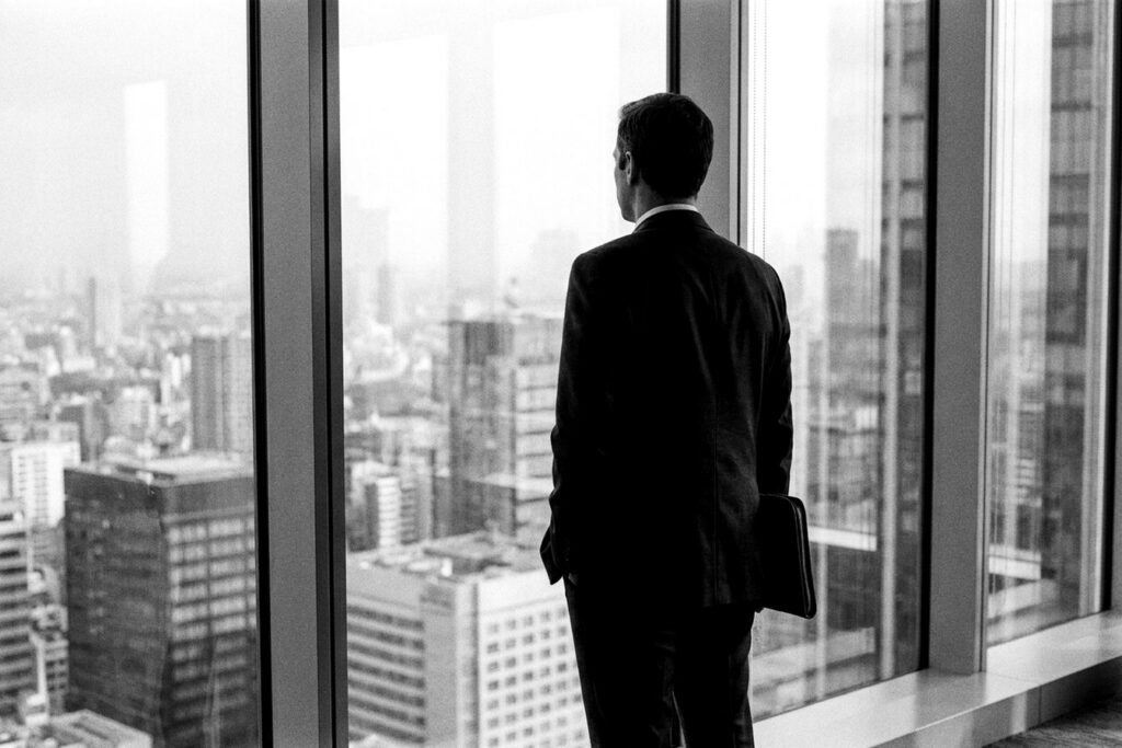 Consultant RH de dos devant la baie vitrée d'une tour de bureaux